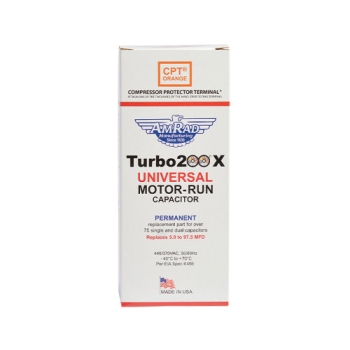 AMRAD TURBO200X Universal Capacitor, 2.5 to 97.5 uF MFD, 440/370 V, Round, Single Run Capacitor, 2-1/2 in Dia, 2.8 in H