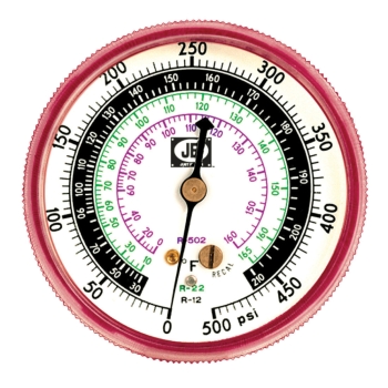 JB Industries M2-500 Pressure Gauge, R-12, R-22, R-502 Refrigerant, 0 to 500 psi Gauge, 1/8 in Connection, Steel Body