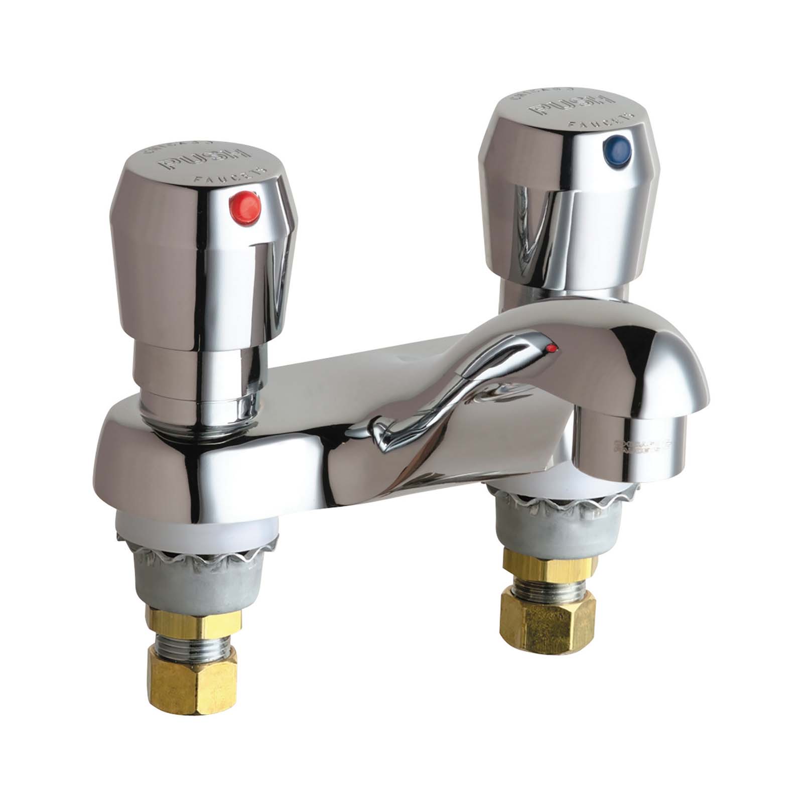 Chicago Faucets 854551NL Deck Mount Centerset Metering Faucet with 4" Centers, Push Buttons, Vandal Proof Aerator