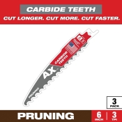 Milwaukee® AX™ SAWZALL® 48-00-5331 Pruning Blade, 3 TPI, Carbide, Applicable Materials: Clean Wood, 6 in Length