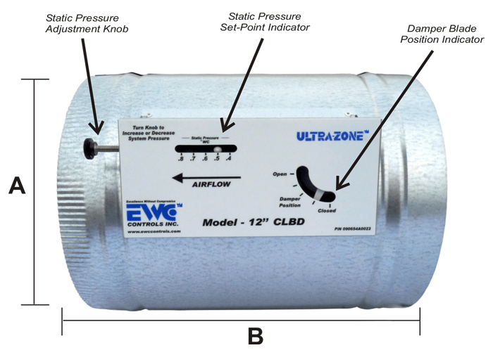 EWC® 10 CLBD Controls CLBD Series Constant Load Bypass Damper, 700 CFM, 10 Diameter, Manual, Barometric Bypass, Round, Round Duct Connection, In-Duct Mount, 0.3 In. Wc. - 0.8 In. Wc. Adjustable Pressure Rating