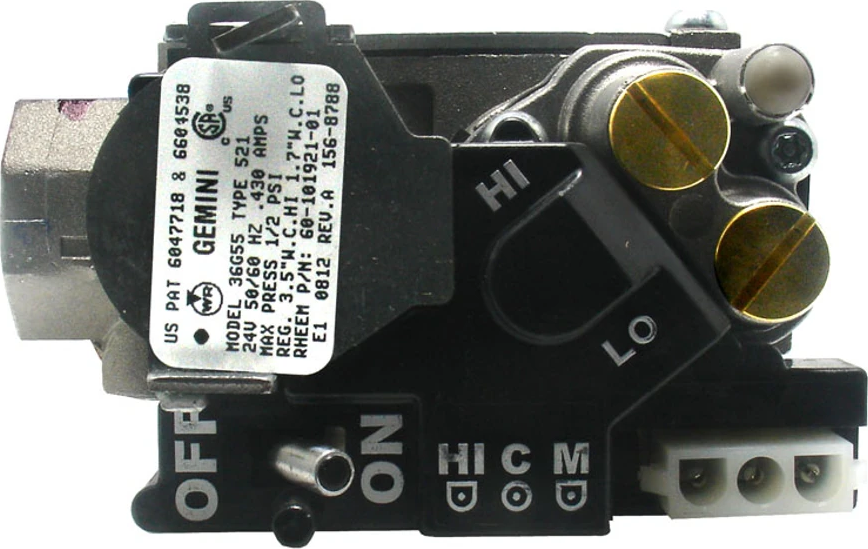 Rheem® 60-101921-81 36G Series Two-Stage Hot Surface / Direct Spark Gas Valve - 140,000 BTU/h, 1/2 in Inlet, 24V, For Models Incl R802P-ZSA / R802T-MSA / RGLK