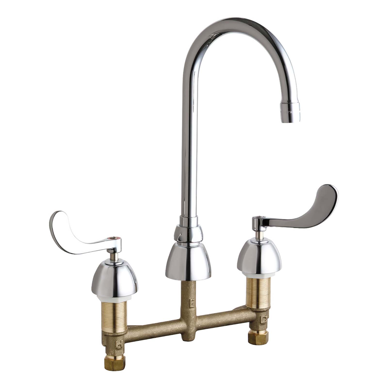 Chicago Faucets 908479NL Deck Mounted Centerset Universal Concealed Hot and Cold Water Sink Faucet with 8" Centers, Wrist Blade Handles