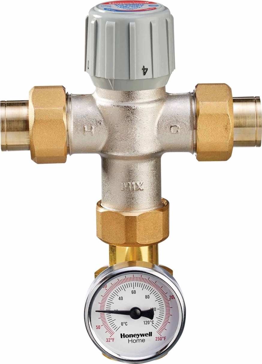 Honeywell AM101-USTG-1LF/U AM100 Series 3/4 x 3/4 x 3/4 in Mixing Valve w/ Temperature Gauge - Sweat x Sweat x Sweat Union, Brass