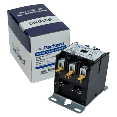 Packard C340A Definite Purpose Contactor, 3 Pole, 40 A Inductive, 600 VAC, 50 A Resistive, 600 VAC Contact Rating, 24 VAC, 600 VAC, 240 A 240277 V, 200 A 480 V, 160 A 600 V, Box Lug, Spade Terminal Connection Type, Foot Mount